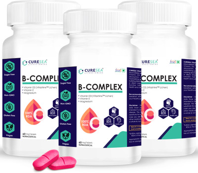CURESEA LIFESCIENCES Vegan Vitamin B Complex with Vitamin D3, E and Magnesium | For Women & Men(3 x 60 Tablets)