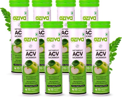 OZiva ACV Moringa (Green Apple)To Control Cravings, Apple Cider Vinegar,No Added Sugar(8 x 15 Tablets)