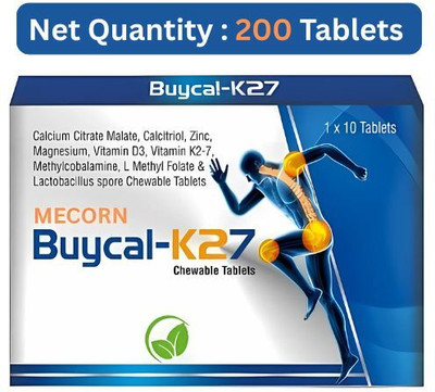 MECORN BUYCAL K27 Calcium Supplement with D3 & B12, Chewable Mint Flevour, 200 Tablets(200 Tablets)