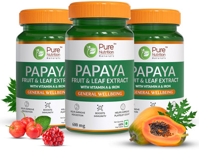 Pure Nutrition Papaya Extract with Vitamin C & Iron | Improves Platelet Count 600mg (720 IU)(3 x 60 Tablets)