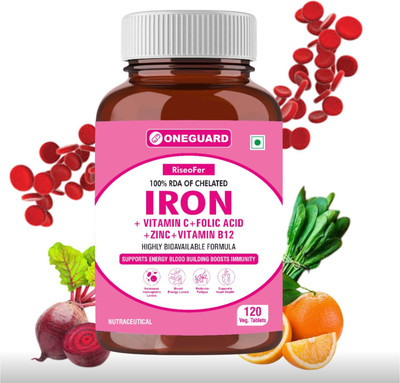 Oneguard Chelated Iron +Vitamin C,B12, Zinc,Folic Acid, Supports Blood Building &Immunity(120 Tablets)