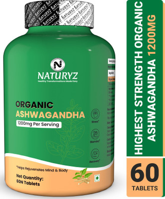 NATURYZ Organic Ashwagandha Highest Strength 1200mg | Stress Relief & Muscle Recovery(60 Tablets)
