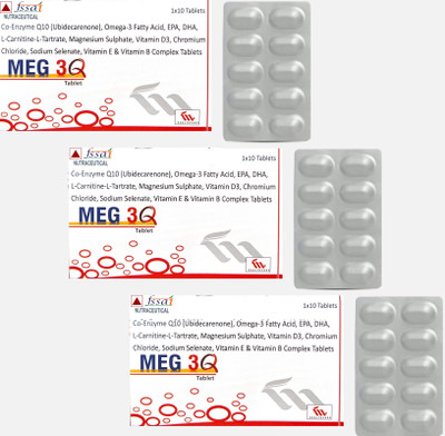 Megma Health Care Meg 3Q (CoEnzyme Q10 100Mg) Omega 3 L-Carnitine Vitamin D2 + Multivitamin(30 Tablets)