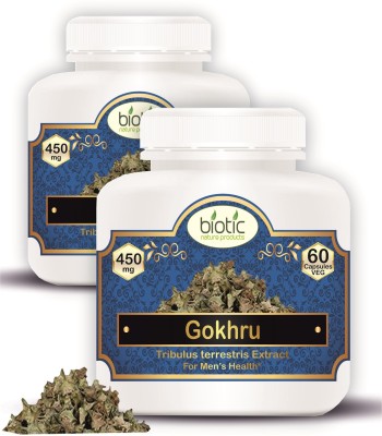 biotic Gokhru Capsules (Tribulus terrestris)for Men's Wellness 450mg - 120 Veg Capsules(2 x 60 Capsules)