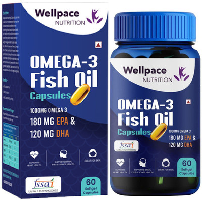 Wellpace Omega-3 Fish Oil 1000mg | EPA 180mg & DHA 120mg for Brain, Heart & Eye Health(60 Capsules)