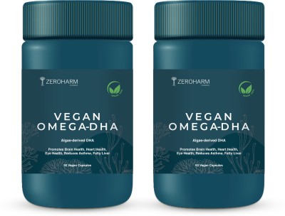 ZEROHARM Algae Based Vegan Omega 3 DHA Capsules for Women & Men - No Fish Oil Used(2 x 60 Capsules)