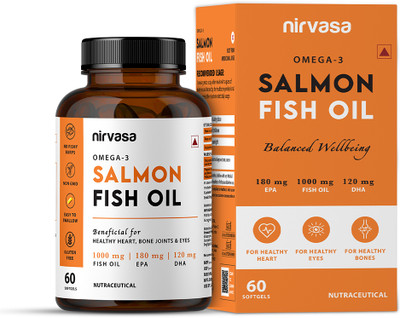 Nirvasa Omega 3 Salmon Fish Oil Capsules | For Healthy Heart & Bones(60 Capsules)