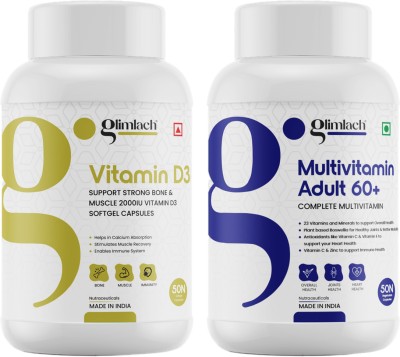 GLIMLACH Multivitamin For Adults & Vitamin D3 For Men & Women, Immune Support, Energy(2 x 50 Tablets)