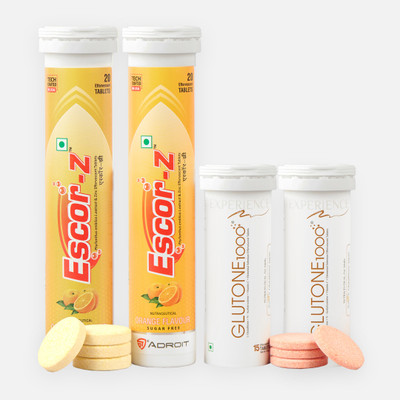 Glutone 1000 Effervescent 15 Tablets(Pack of 2)&Escor-Z Orange Flavour20 Tablets(Packof 2)(4 x 17.5 Tablets)