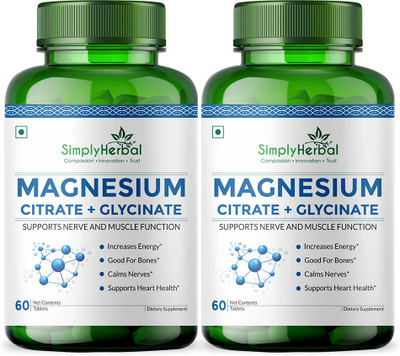 Simply Herbal Magnesium Citrate + Glycinate 500Mg Support Nerve & Muscle Function(2 x 60 Tablets)