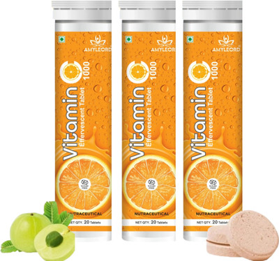 Amyleord Vitamin C Natural Amla Extract With Zinc For Immunity| Sugar Free | Effervescent(3 x 20 Tablets)