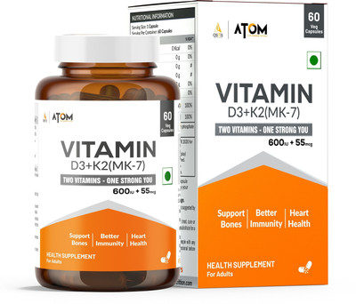 AS-IT-IS Nutrition ATOM Vitamin D3 & K2 (MK-7) for Immunity Bones & Heart Health Support(60 Capsules)