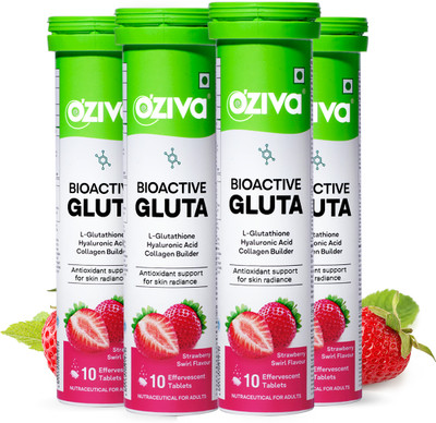 OZiva Bioactive Gluta Fizzy (Strawberry Swirl) To Reduce Pigmentation, 5 Antioxidants(4 x 10 Tablets)