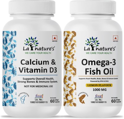 La Natures Calcium & Vitamin D3 + Omega 3 Fish Oil Capsules for Heart & Immune System(2 x 60 Capsules)