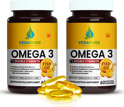 Vedapure Fish Oil Capsules 1000 mg with Vitamin E & D3 | Omega-3 with 360 EPA & 240 DHA(2 x 60 Capsules)