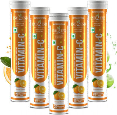 End2End Nutrition Natural Vitamin C 1000mg from Amla Extract Zinc 10 mg Effervescent(5 x 20 Tablets)