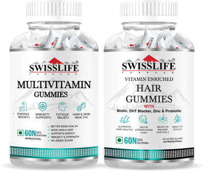 SWISSLIFE FOREVER Combo Pack of Multivitamin Gummies & Hair Gummies (60 Gummies in Each)(2 x 60 Tablets)