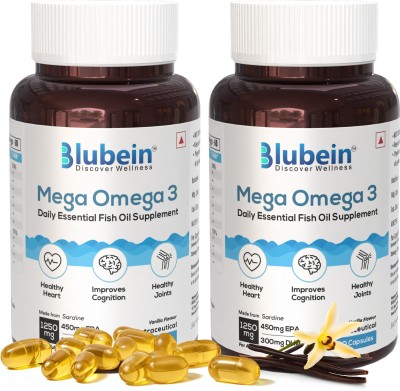 Blubein Mega Omega 3 Fish oil with 3X strength of EPA(450mg) & DHA(300mg) Men & Women(2 x 60 Capsules)