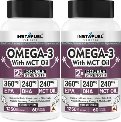 INSTAFUEL Double Strength Omega 3 Fish Oil + MCT - 1250mg | 360mg EPA, 240mg DHA(2 x 60 Capsules)