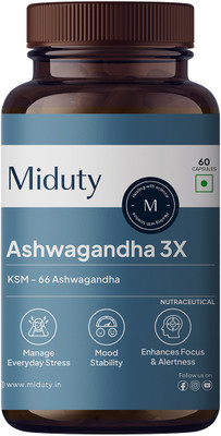 Miduty KSM 66 Ashwagandha 3x - Stress Mood Stamina - Cortisol - Purely Potent(60 Capsules)