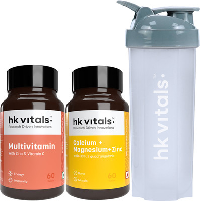 HEALTHKART HK Vitals Multivitamin, 60 No, Calcium Magnesium & Zinc Tablets & 650 ml Shaker(3 x 20 Capsules)
