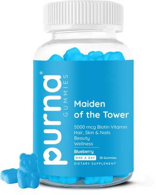 Purna Gummies Flowing Hair Biotin Blueberry Gummy for Adults & Kids, 30 Gummy Bears, 1 daily