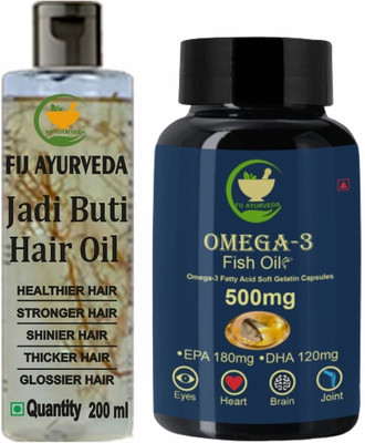 FIJ AYURVEDA Omega 3 Softgel 500mg with Jadi Buti Hair Oil 200Ml – Combo Pack(2 x 250 mg)