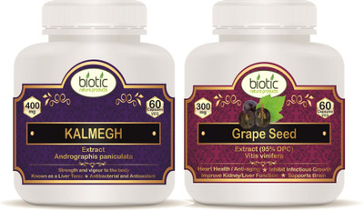 biotic Kalmegh Capsules (Andrographis Extract) and Grape Seed Extract - 120 Veg Capsules(2 x 60 No)