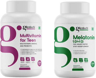 GLIMLACH Multivitamin for Teenagers & Melatonin For Deep Sleep, Stress & Anxiety Relief(2 x 50 No)