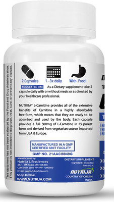 NutriJa L-Carnitine L-Tartrate 1000mg Supplement - Converts Fat into Energy(60 No)