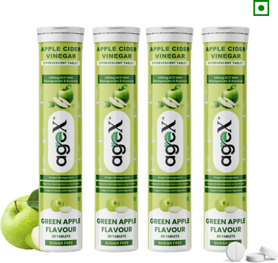 Age x Apple Cider Vinegar Effervescent Tablets, Green Apple Flavour, 500mg(4 x 20 Tablets)