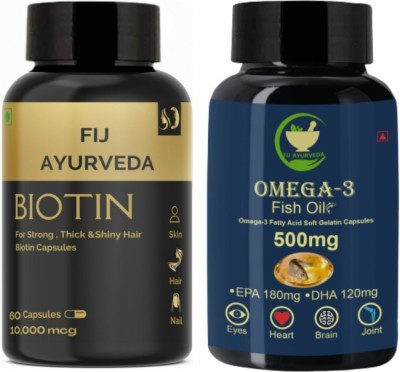 FIJ AYURVEDA Biotin 10000MCG Capsule with Omega 3 Softgel 500mg – Combo Pack(2 x 250 mg)