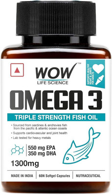 WOW Life Science Omega-3 Fish Oil 1300 mg Triple Strength 550 EPA + 350 DHA Enriched(60 Capsules)