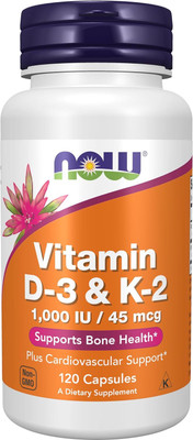 Now Foods Vitamin D-3 & K-2 1,000 IU/45 mcg, 120 veg Capsules(120 Capsules)