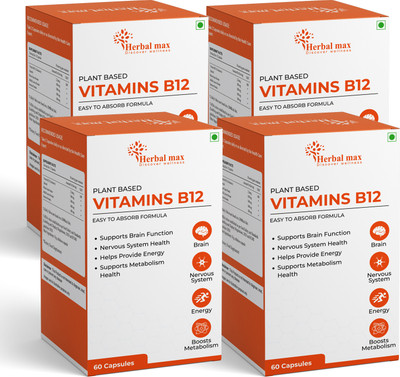 Herbal max Plant Based Vitamin B-12, 2.2mcg |Boost Energy Level, Supports Brain Function(4 x 60 Capsules)