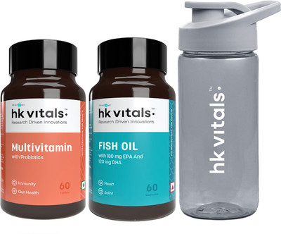 HEALTHKART HK Vitals Multivitamin with Probiotics with Fish Oil with Pocket Sip n Go Bottle(2 x 60 No)