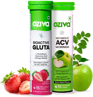 OZiva Bioactive Gluta Fizzy (Strawberry) & ACV Moringa(Green Apple)To Control Cravings(2 x 15 Tablets)