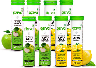 OZiva ACV Moringa(Green Apple - Lemon Masala) To Control Cravings, No Maltodextrin(8 x 15 Tablets)