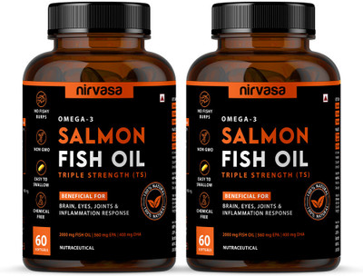 Nirvasa Omega 3 Salmon Fish Oil (Triple Strength) Softgels | For Heart, Brain & Bones(2 x 60 Tablets)