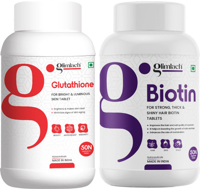 GLIMLACH Biotin 10000mcg & Glutathione with Vitamin C & E for Immune, Antioxidant Support(2 x 50 Tablets)
