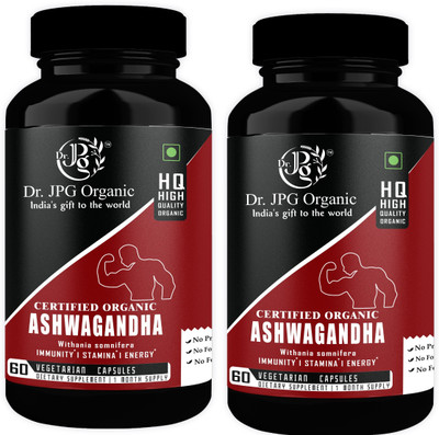 Dr. JPG Organic Ashwagandha Capsules For Stress & Fatigue 120 Veg. Capsules(2 x 60 Capsules)