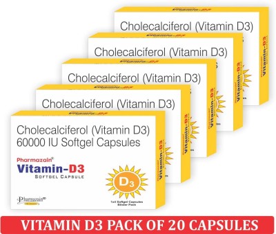 PHARMAZAIN LIFE SCIENCES VITAMIN D3 Cholecalciferol 60000 IU Capsule For Brain Bone Skin Cardiovascular(20 Capsules)