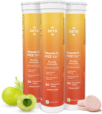 SETU Vitamin C: Fizz - 60 Effervescent Tablets (Pack of 3) | Amla Extract and Zinc(3 x 20 Tablets)