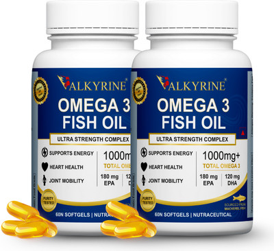 VALKYRINE Omega 3 Fish Oil 1000mg | EPA 180mg & DHA 120mg for Brain, Heart & Eye Health(120 No)