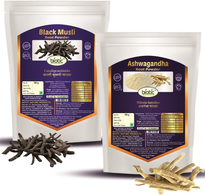 biotic Black Musli (Kali Musli) and Ashwagandha Powder - Combo 100 g Each(2 x 100 g)