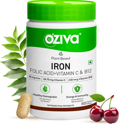 OZiva Iron with Folic Acid | For Healthy Haemoglobin Levels | With Vitamin C & B12(60 Capsules)