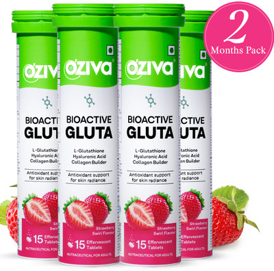 OZiva Bioactive Gluta Fizzy (Strawberry Swirl) To Reduce Pigmentation, 5 Antioxidants(4 x 15 Tablets)