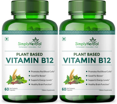 Simply Herbal Plant Based Vitamin B12 Cobalamin Supplements Promotes Red Blood Cells & Energy(2 x 60 Capsules)
