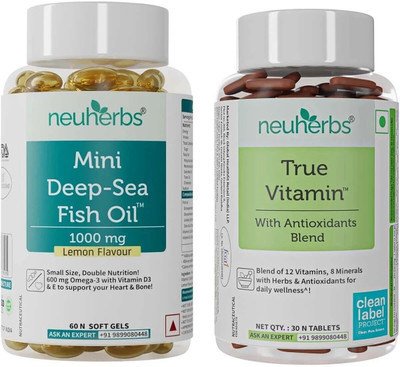 Neuherbs Mini Deep Sea Omega 3 Fish Oil 60 Softgels & True Vitamin Multivitamin 30 Tablet(2 x 45 Tablets)