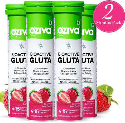 OZiva Bioactive Gluta Fizzy (Strawberry Swirl) To Reduce Pigmentation, 5 Antioxidants(4 x 15 Tablets)